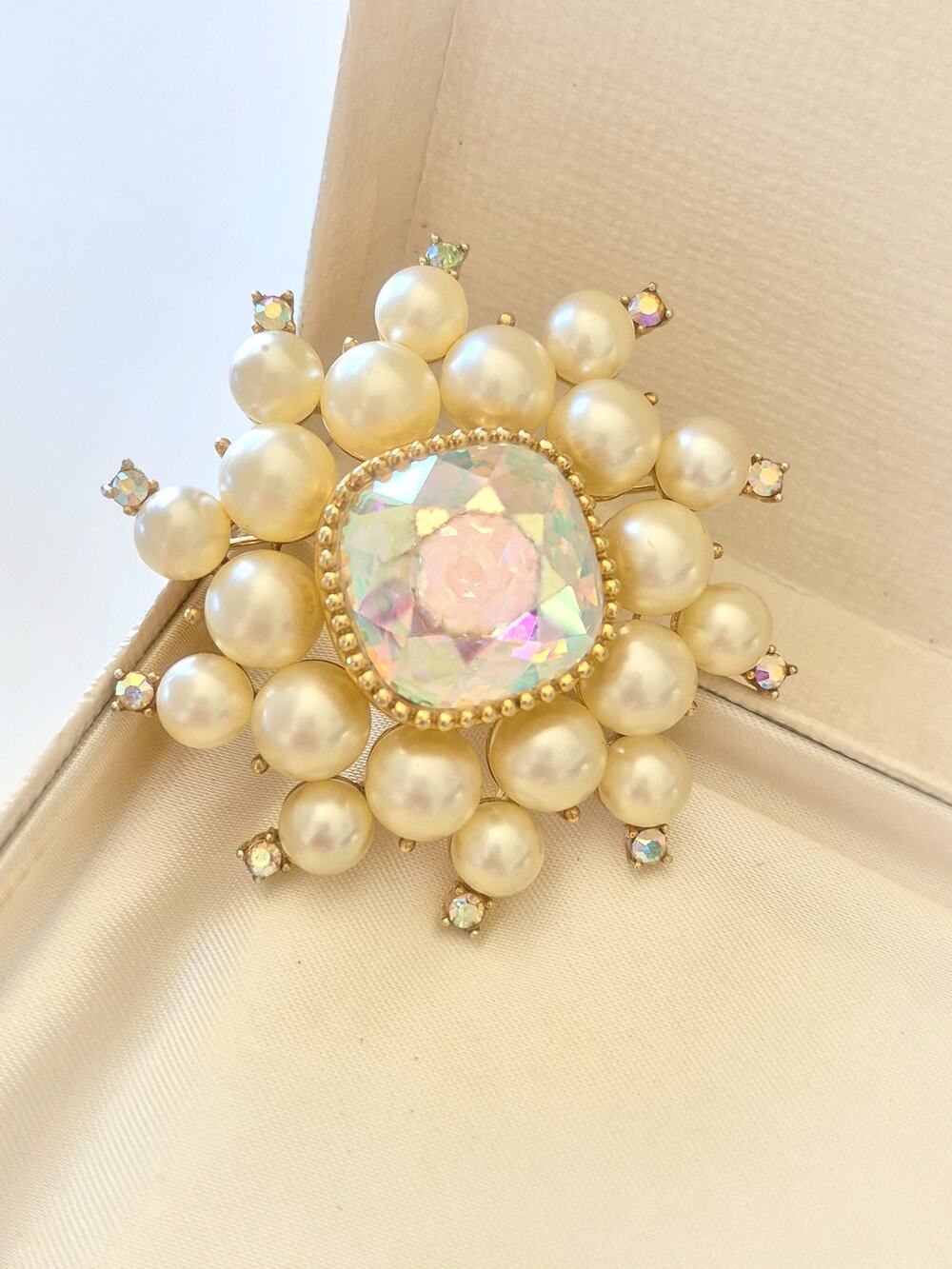Vintage Large AB and Faux Pearl Brooch